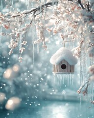 Cozy winter background with birdhouse