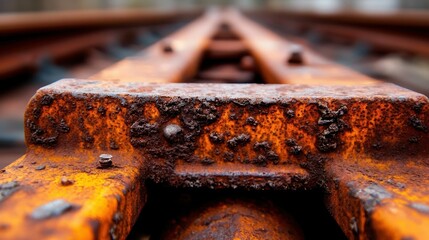 Closeup shot of rusty railroad tracks, showcasing their weathered texture against a soft, blurred backdrop.