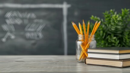 Bright classroom with books on a desk, a jar of pencils, and chalk art on the blackboard, inviting learning and creativity.