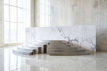 A modern, minimalist interior featuring curved steps against a marble backdrop.