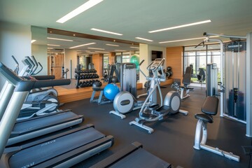 Fototapeta premium Modern gym interior with exercise equipment and weights for fitness activities.