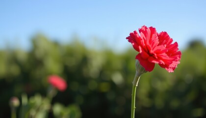 Scarlet Bloom Against Natures Canvas A Striking Red Carnation Stands Boldly Under a Tranquil Blue Sky, Framed by a Lush Green Canvas.