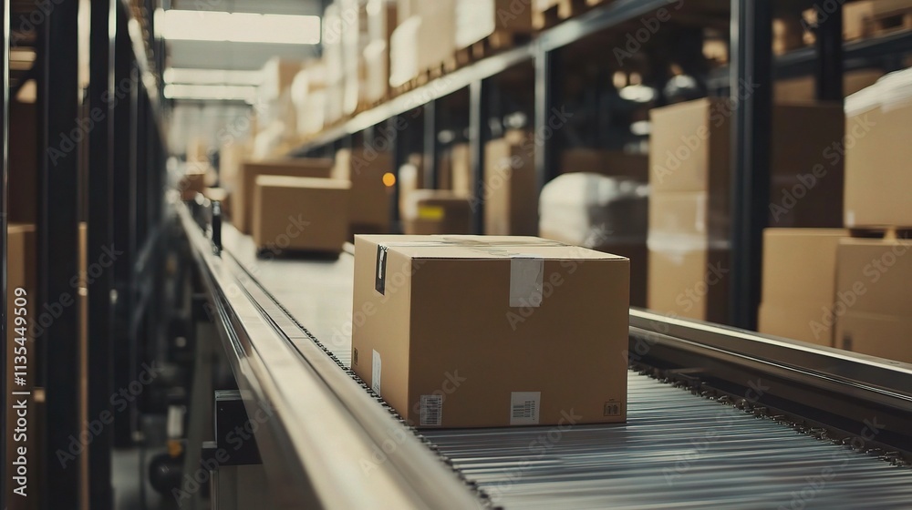 Poster automated robot arm handling cardboard boxes in industrial setting