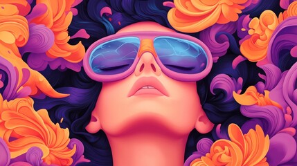 Colorful portrait of a woman wearing sunglasses surrounded by vibrant flowers in an abstract style.