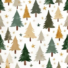 Fototapeta premium Serene Christmas pattern with minimalist pine trees, stars. Neutral color tones create soft, textured seamless background. Suitable for holiday decor, creating festive mood. Winter scene evokes calm,