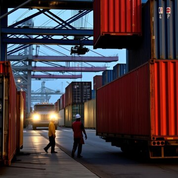 Early Morning Hustle at the Shipping Port Workers Navigate a Sea of Colorful Cargo Containers Under the Watchful Eyes of Cranes and Trucks.