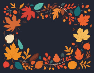 Autumn, Thanksgiving and Harvest Day frame with hand drawn colorful leaves, berries, acorns. Fall seasonal background with cozy elements. Vector illustration.