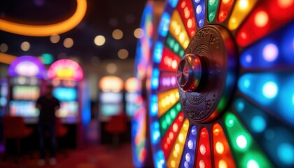 Colorful bright wheel game in casino. People play slot machines in background. Wheel has many colorful sections. Lots of vibrant lights. Fun and exciting atmosphere.