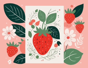 Abstract art fruit poster. Modern print with hand drawn strawberry, leaves and flowers. Paper cut contemporary art elements. Trendy design for wall decor, postcard, cover, t shirt.