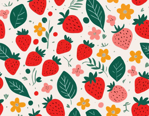 Abstract art fruit poster. Modern print with hand drawn strawberry, leaves and flowers. Paper cut contemporary art elements. Trendy design for wall decor, postcard, cover, t shirt.