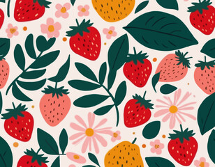 Abstract art fruit poster. Modern print with hand drawn strawberry, leaves and flowers. Paper cut contemporary art elements. Trendy design for wall decor, postcard, cover, t shirt.