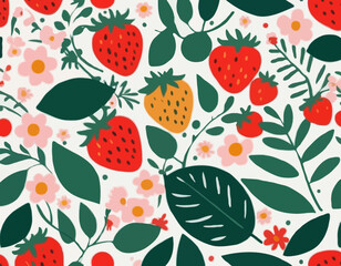 Abstract art fruit poster. Modern print with hand drawn strawberry, leaves and flowers. Paper cut contemporary art elements. Trendy design for wall decor, postcard, cover, t shirt.