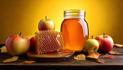 Photorealistic image of golden mead arranged with fresh honeycomb, ripe apples, and autumn