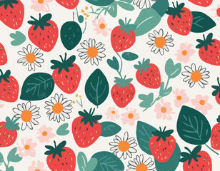 Strawberry and flowers hand drawn seamless pattern. Cute summer background for fabrics, decorative paper. Textile print for kids. Vector cartoon illustration.