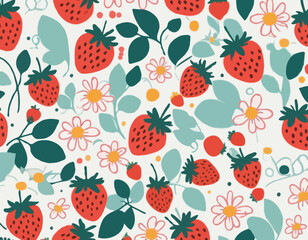 Seamless Pattern of Hand-Drawn Strawberries and Flowers, Adorable Summer Design for Fabrics and Decorative Paper, Children's Textile Print, Vector Art Illustration.