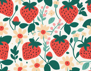 Strawberry and flowers hand drawn seamless pattern. Cute summer background for fabrics, decorative paper. Textile print for kids. Vector cartoon illustration.