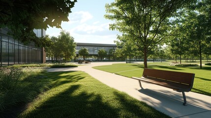 Fototapeta premium Serene Park Landscape Design: Modern Architecture and Lush Greenery