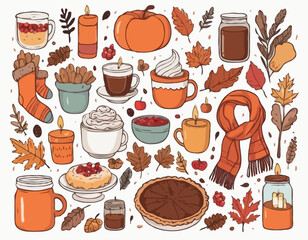 Set of hand drawn autumn doodles. Scarf, candles, hot cocoa, socks, pie, apple, jam, leaves, berries, acorns and mushrooms. Cozy fall collection. Cute season stickers. Vector illustration.