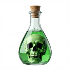 Glass potion bottle with cork and human skull in poisonous green liquid - isolated on white background