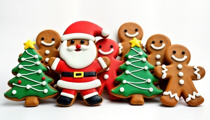 Fototapeta premium Christmas gingerbread cookies collection on white background. Santa Claus, Christmas trees among decorated cookies. Homemade treats for holiday season. Festive gingerbread cookies. Delicious, pretty