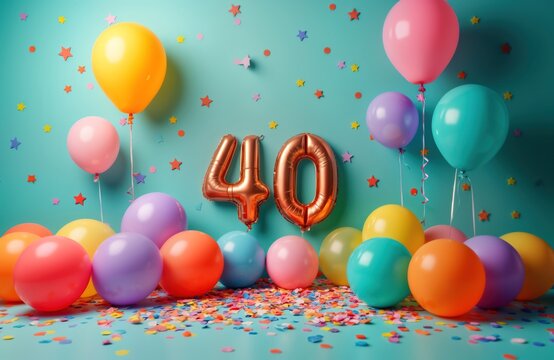 Colorful balloons, confetti decorate turquoise background for 40th birthday celebration. Large gold foil balloons form number 40. Party festive, joyful. Many various color balloons scattered around - Powered by Adobe