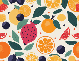Summer fruits abstract composition. Fig, lemon, strawberry, peach, orange, pomegranate. Trendy modern vector illustration  in hand drawn vintage style.