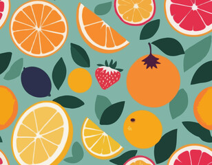 Summer fruits abstract composition. Fig, lemon, strawberry, peach, orange, pomegranate. Trendy modern vector illustration  in hand drawn vintage style.