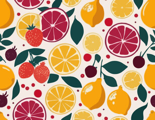 Summer fruits abstract composition. Fig, lemon, strawberry, peach, orange, pomegranate. Trendy modern vector illustration  in hand drawn vintage style.