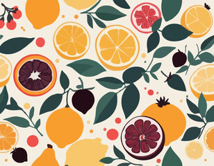 Summer fruits abstract composition. Fig, lemon, strawberry, peach, orange, pomegranate. Trendy modern vector illustration  in hand drawn vintage style.