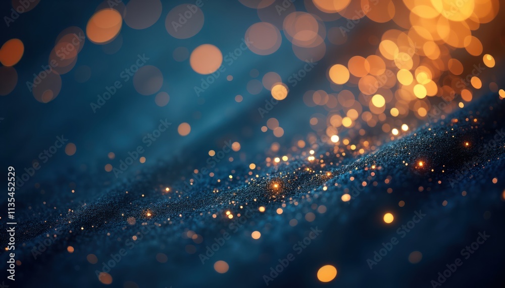 Poster abstract festive background. dark blue, gold particles create shining texture. golden light bokeh ad