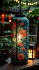 A decorative lantern with floral patterns, illuminating a serene outdoor space.