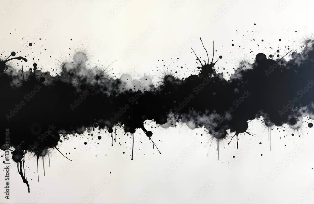 Poster abstract monochrome art piece. ink splatter on white canvas. japanese sumie style. dynamic, expressi