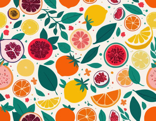 Collection hand drawn colorful abstract fruits, leaves and flowers. Natural tropical fruits. Strawberry, peach, lemon, pomegranate, fig, orange. Vector illustration.