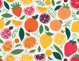 Collection hand drawn colorful abstract fruits, leaves and flowers. Natural tropical fruits. Strawberry, peach, lemon, pomegranate, fig, orange. Vector illustration.