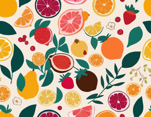 Collection hand drawn colorful abstract fruits, leaves and flowers. Natural tropical fruits. Strawberry, peach, lemon, pomegranate, fig, orange. Vector illustration.