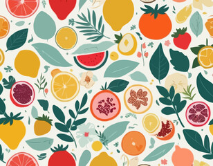 Collection hand drawn colorful abstract fruits, leaves and flowers. Natural tropical fruits. Strawberry, peach, lemon, pomegranate, fig, orange. Vector illustration.