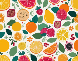 Collection hand drawn colorful abstract fruits, leaves and flowers. Natural tropical fruits. Strawberry, peach, lemon, pomegranate, fig, orange. Vector illustration.