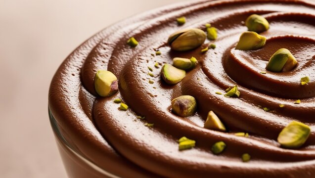 Mocha mousse food banner, fragment of chocolate brown mousse dessert, decorated with pistachios