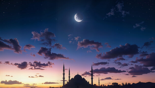Mosque sunset sky, moon, holy night, islamic night and silhouette mosque, panaromic islamic wallpaper