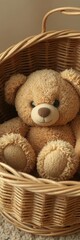 Plush brown teddy bear nestled in a wicker basket, present, bedroom