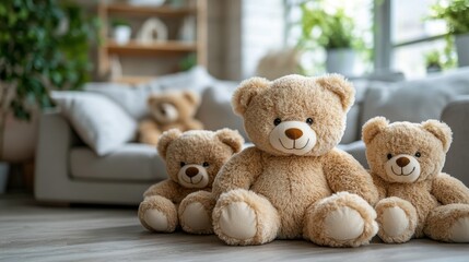 Three plush teddy bears sit in a cozy living room setting with a sofa and plants.