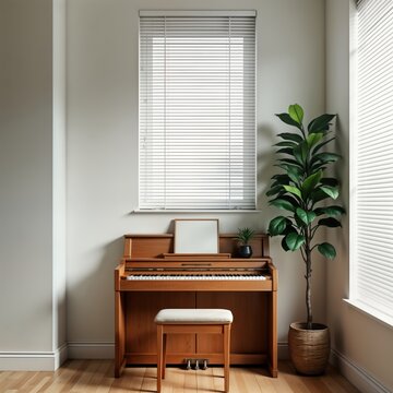 Stylish modern room. Wooden piano stands near big window with blinds. Stylish interior with plant in corner. Room well lit, minimalist. Home office space. Peaceful environment for music. Interior