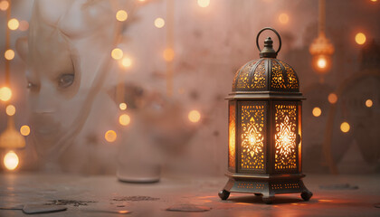 Ramadan Lantern in low light mode with arabesque background.