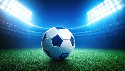 Fototapeta premium Soccer ball on the grass in a modern stadium with blue bright floodlights. Soccer World Cup.