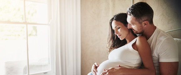 Relax, pregnancy and couple by window in home with love, bonding and marriage commitment to family. Rest, maternity leave and man embracing pregnant woman for prenatal care connection in apartment.