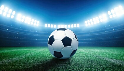  Soccer ball on the grass in a modern stadium with blue bright floodlights. Soccer World Cup.