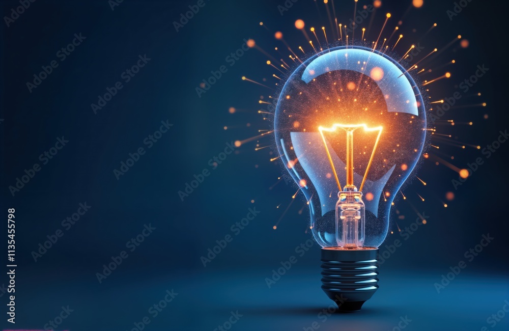 Poster glowing light bulb illustration innovation, future tech. abstract design with blue background, brigh