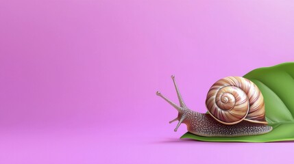 Snail on Pink Background Green Leaf | Minimalism