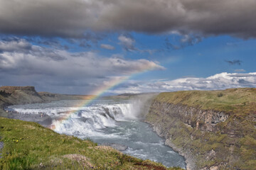 Gullfoss Falls, Golden Falls waterfall rainbow on the HvÃ­tÃ¡ river, tourist attraction Golden Circle Route in Southwest Iceland, Scandinavia, Europe.
