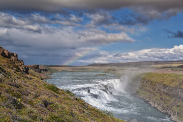 Gullfoss Falls, Golden Falls waterfall rainbow on the HvÃ­tÃ¡ river, tourist attraction Golden Circle Route in Southwest Iceland, Scandinavia, Europe.
